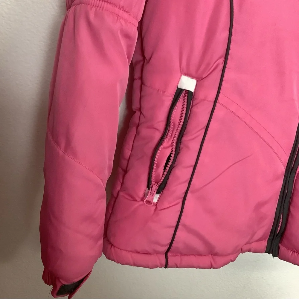 London Fog Girls Size L 14-16 Pink Faux Fur Puffer Hooded Jacket Coat W/plaid
